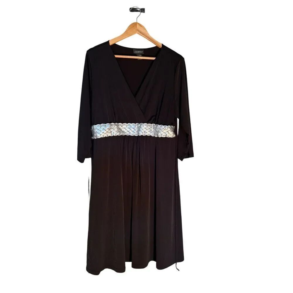 Lane Bryant Size 14/16 Surplice Dress Black Silver Belted Half Sleeve Cocktail